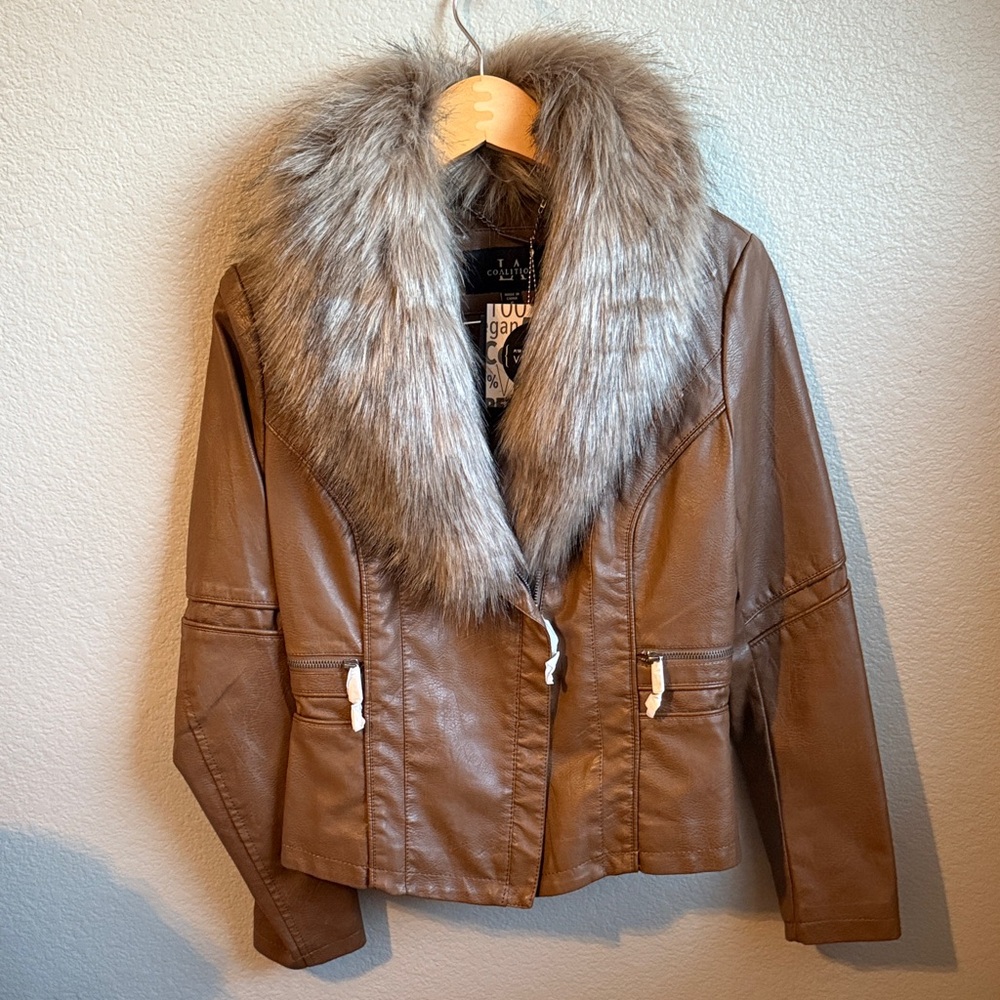 PETA approved Women's Brown Faux Fur Collar Jacket size small NEW WITH TAGS